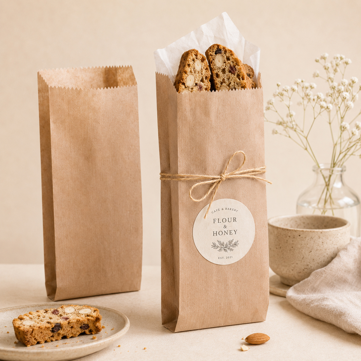 KESE2 Biscotti ile doldurulmuş, sicimle bağlanmış ve üzerine “Flour & Honey” yazan bir Kraft kese kağıdı (çizgili) 15x41 cm, boş bir çizgili torbanın, üzerinde bir biscotti dilimi ve badem bulunan bir tabağın ve içinde küçük beyaz çiçekler bulunan bir vazonun yanında duruyor.