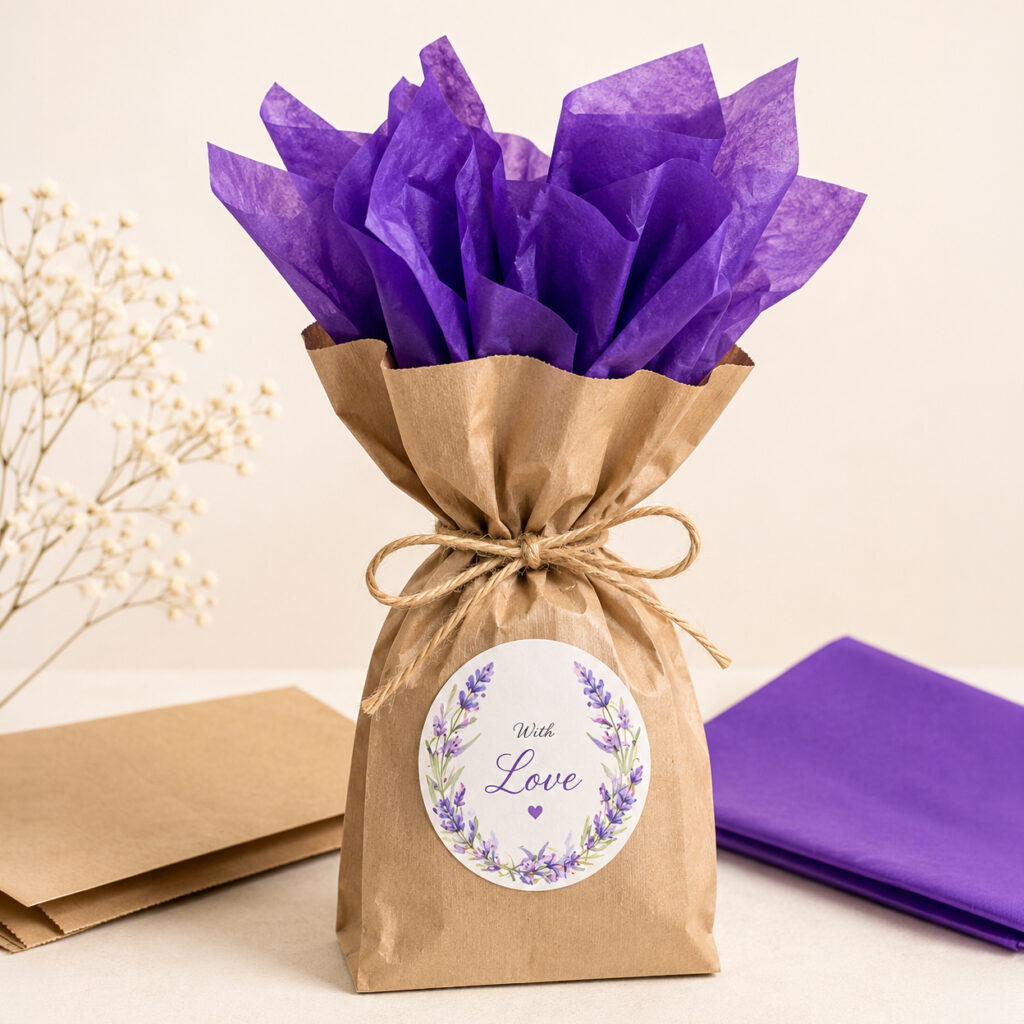 İp ile bağlanmış kahverengi kağıt hediye çantası, içinde Menekşe rengi Pelür Kağıdı (1 kg, 50x70 cm) bulunmaktadır. Çantanın üzerinde yuvarlak, çiçek desenli bir “With Love” etiketi yer almaktadır. Arka planda ise fazladan kağıt mendil, zarflar ve kurutulmuş beyaz çiçekler bulunmaktadır.