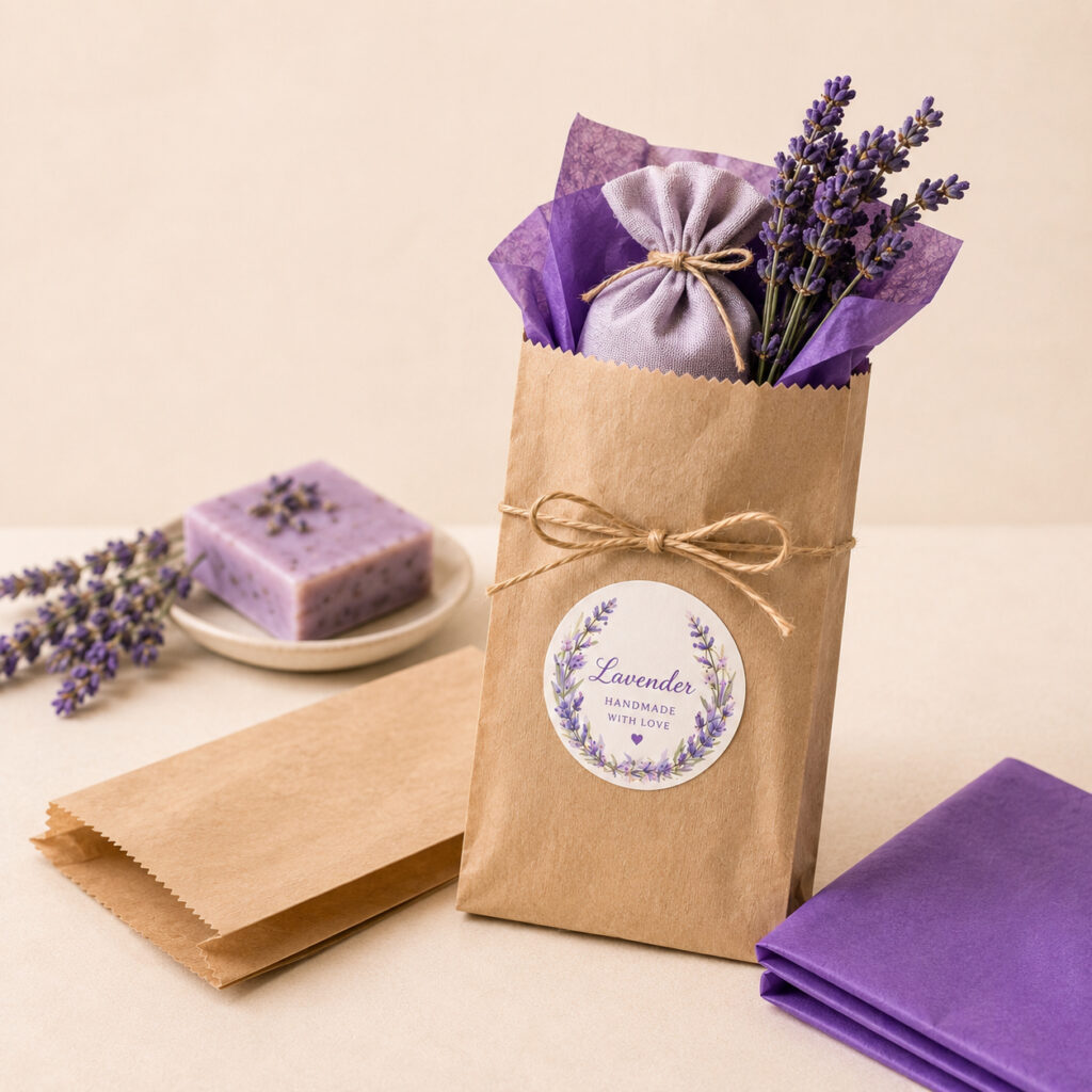 Üzerinde “Lavender Handmade With Love” etiketi bulunan, 15x41 cm boyutlarında bir Kraft Kese Kağıdı (çizgili) hediye çantası, mor kağıt mendil, bir lavanta kesesi ve taze lavanta ile birlikte mor sabun ve daha fazla aromatik lavanta yanında duruyor.