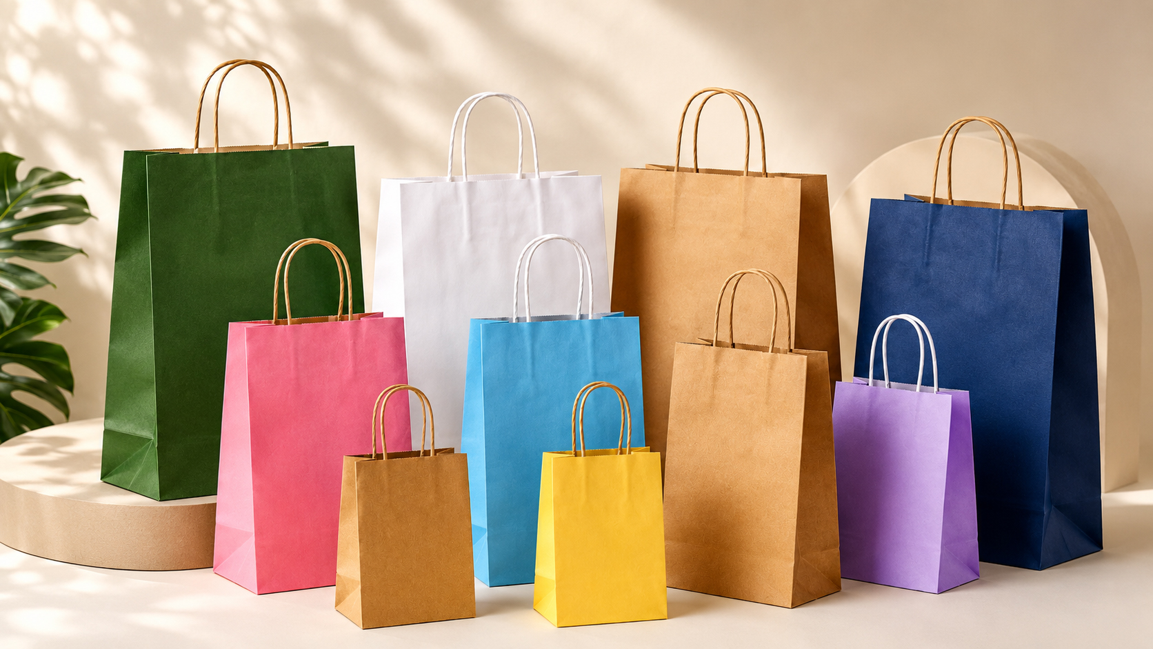 Yeşil, beyaz, kahverengi, pembe, mavi, sarı, mor ve lacivert renklerdeki dokuz adet renkli kağıt alışveriş poşeti —bazıları STD Kraft Poşet olarak tasarlanmış— yumuşak arka planda kısmen görünen bitki yapraklarının bulunduğu nötr tonlu bir yüzey üzerinde dizilmiştir.