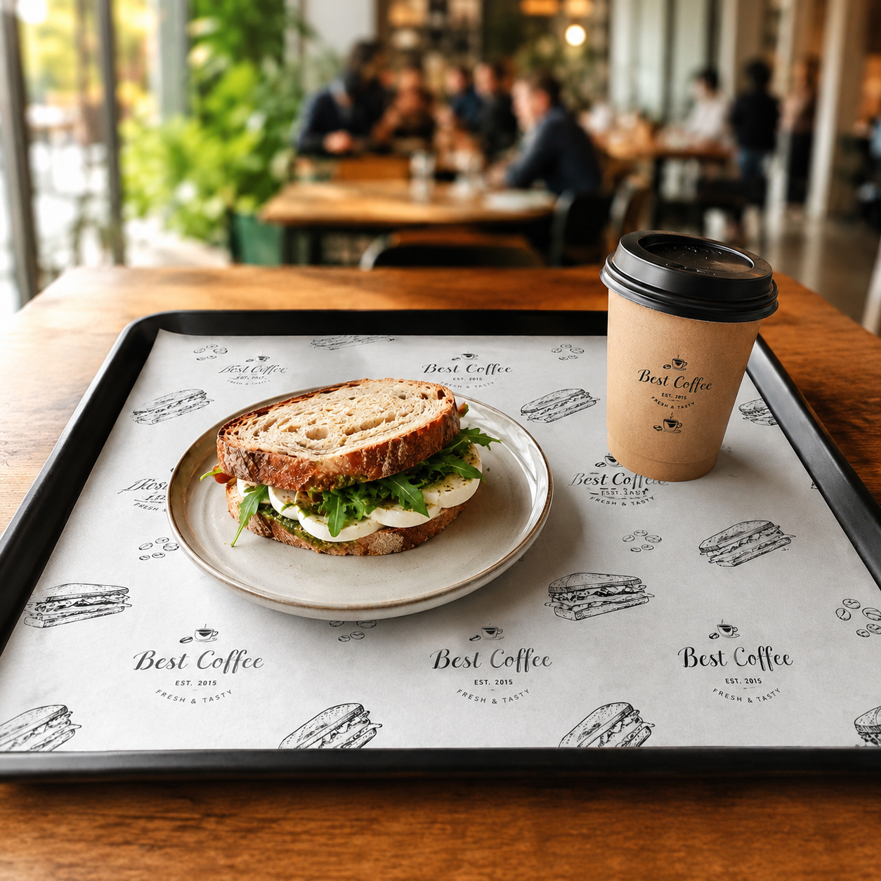 tepsi Tam tahıllı ekmeğin üzerine yeşillik ve peynir konmuş bir sandviç, 30x40 cm boyutlarındaki Logo Baskılı Tepsi Üstü Kağıdı üzerinde, yanında bir paket kahve bardağıyla birlikte duruyor; hepsi, arka planda masalarda oturan insanların bulunduğu samimi bir kafede bir tepsinin üzerine dizilmiş.